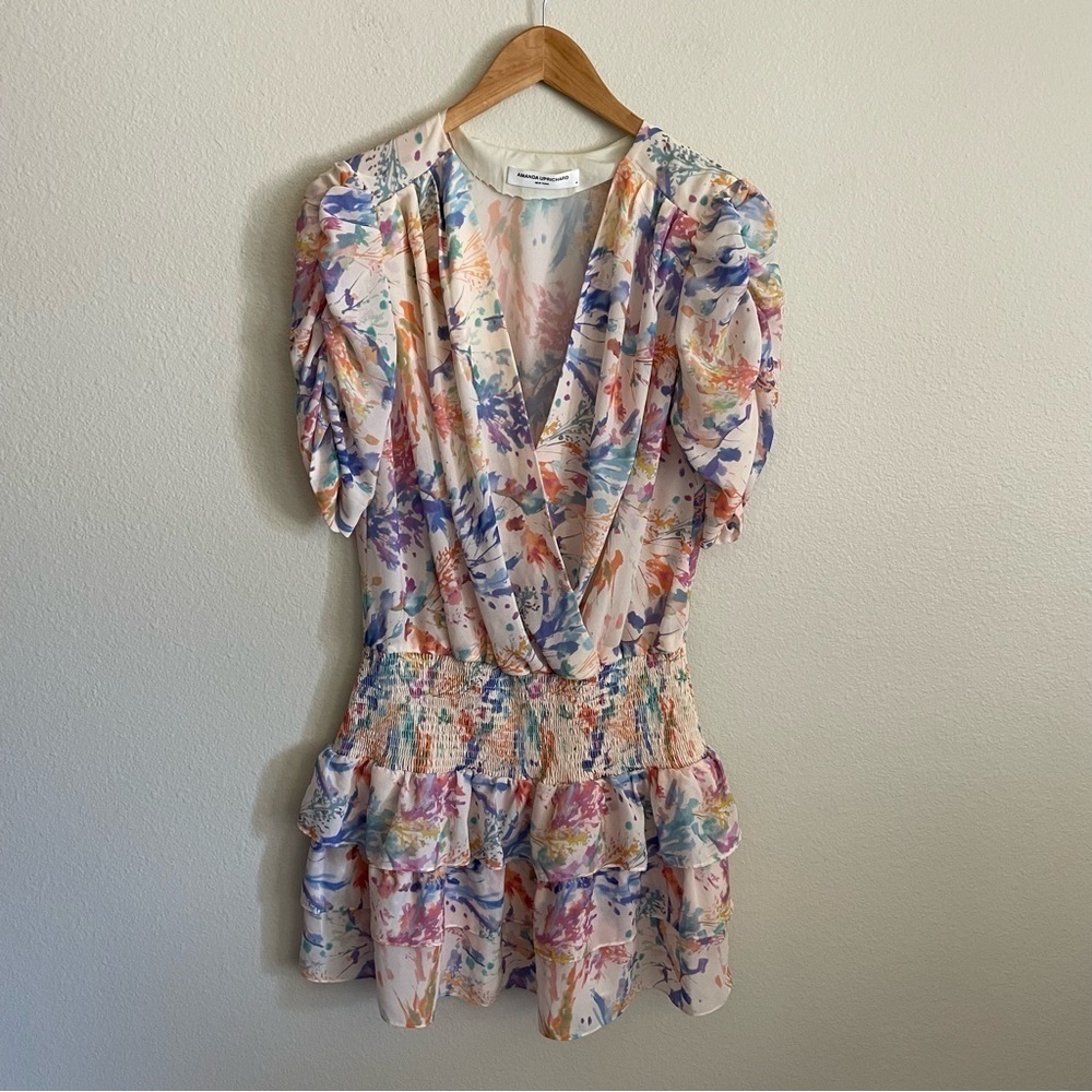 Amanda Uprichard Watercolor Pastel Print Multicolor Tiered Mini Dress Sz Medium